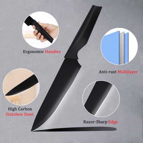 Knife Set, 14Pcs Kitchen Knife Set with Block Self Sharpening, High Carbon Stainless Steel Ultra Sharp Knives for Kitchen, 6 Steak Knives, Anti-slip Handle, Black, Elegant Gifts (Black) - image 4