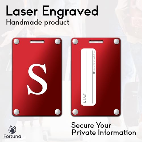 Premium 3-Layer Aluminum Luggage Tags by Fortuna - Easy to Claim, Laser-Engraved, Plastic-Free, and Eco-Friendly Luggage Tag Holders, 2-Pack, Red (S)2