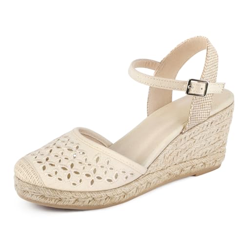 Qonetic Women's Closed Toe Platform Sandals Summer Buckle Ankle Strap Espadrilles Wedge Sandals