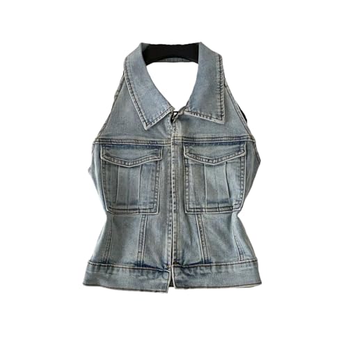 Women's Denim Tank Top Turn Down Collar Zipper Pocket Sleeveless
