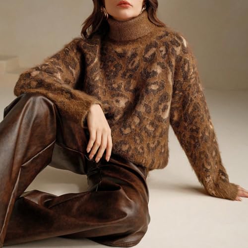 CHARTOU Women Fuzzy Leopard Knit Pullover Sweater Fall Winter Oversized Turtleneck Long Sleeve Jumper Tops3