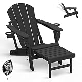 GREENVINES Folding Adirondack Chair with Adjustable Back & Ottoman, Wood Grain HDPE All-Weather Pool