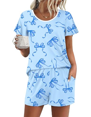 Image of Ekouaer Womens Pajama Set Summer Short Sleeve Pjs Sleepwear Cute 2 Piece Lounge Sets S-XXL