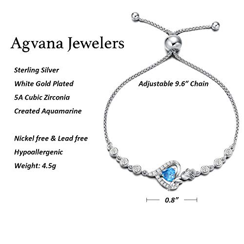 Agvana March Birthstone Jewelry Aquamarine Bracelet For Women Sterling Silver Tennis Bracelet Rose Flower Heart Bolo Link Bracelets Fine Jewelry Anniversary Birthday Gifts For Women Girls Mom Wife Girlfriend Her #TOP5