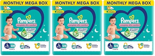 Image of Pampers Complete Skin Comfort | Pant Style Diaper Large, 128 Count| Anti Rash with 100% protection from leakage upto 12 hrs (Pack of 3)