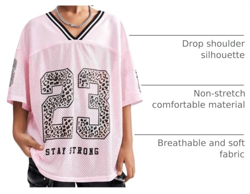 Image of BEAUDRM Girl's Jersey Shirts Leopard Number Print Jersey Shirt Cheetah V Neck Half Sleeve Oversized Tee Tops
