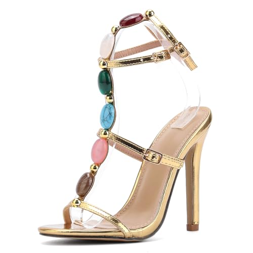 Kluolandi Jewelled Strappy Gold Heels for Women Open Toe Ankle Strap Gladiator Stiletto Heeled Sandals for Party Wedding