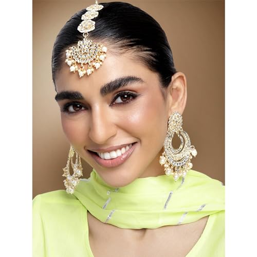 Aheli Kundan & Lariya Studded Maangtikka & Chandbali Earrings Set Ethnic Jewellery for Women2