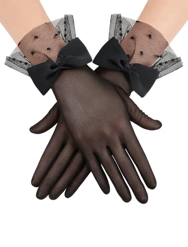 Avidlove Women Lace Gloves Wedding Tea Party Gloves Bow Short Mitten Mesh Gloves for 1920s Opera Funeral Black