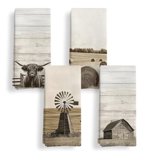 Qeheb Farmhouse Highland Western Cow Decor Kitchen Towels Set of