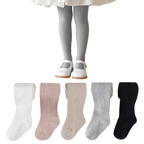 Meeshine 5 Pack Baby Toddler Girls Cable Knit Cotton Tights Winter Warm Seamless Footed Leggings Stocking Pantyhose for Kids