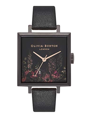 Reloj Olivia Burton de alta gama con esfera cuadrada y detalles botánicos oscuros