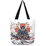 jejeloiu Japanese Samurai Canvas Tote Bags for Women Gifts Wave Sunset Large Capacity Shoulder Handbags Travel Beach Bag Japan Reusable Grocery Bag for Shopping Gym Japanese Ukiyoe