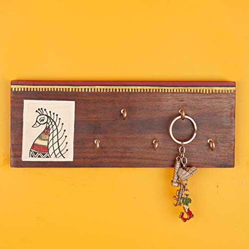 Image of ARTYSTA BEAUTIFYING LIVES 'Peacock On Plank' White Wooden Key Holder For Wall Stylish Decorative Keychain Holder Key Hanger For Home Decor (5 Hooks)