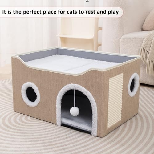 ERNAN Cat Beds,Cat Bed for Indoor Cats, Foldable Cat House,Large Soft Cave Bed with Scratching Board for Small Medium Pets (kaki, M) - Image 3