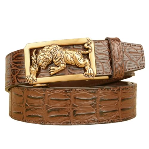 Ceinture à cliquet en cuir motif crocodile pour homme avec boucle tigre or