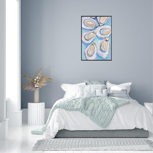 Image of Pastel Blue Oyster Shell Poster Abstract Coastal Shell Canvas Wall Art Funky Colorful Summer Beachy Picture Prints Painting For Home Living Room Kitchen Restaurant Wall Decor 8x12in Framed