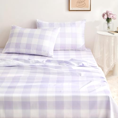 Wake In Cloud - Gingham Bed Sheets 4-Piece Sheet Set Cute Plaid Buffalo Check Checker Geometric Aesthetic Bedding Deep Pocket Light Purple Full Size