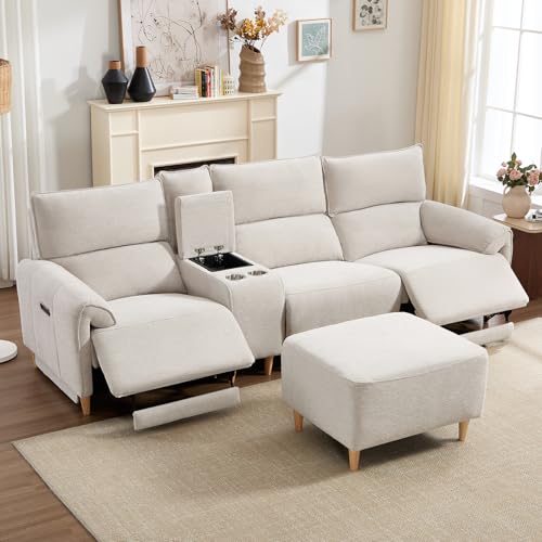 ANJ Power Recliner Sofa Cloud Couches for Living Room, Morden Modular Reclining Couch Fabric with Storage & Cup Holder, USB & Type-C Ports,3-Seater L-Shaped with 2 Power Recliner, Ottoman, Beige