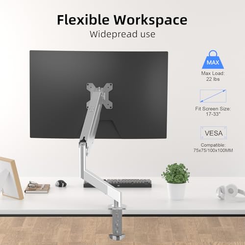 Image of Suptek Single Monitor Mount Adjustable Gas Spring Monitor Arm Desk Mount Stand Fits 17 20 22 23 24 26 27 32 33 inch Monitors,Holds up to 22 lbs,Silver(MD18S)