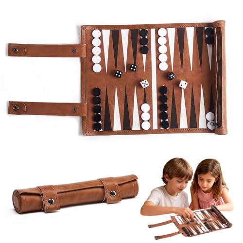Travel Backgammon Set Back Gammon Game Made of 100% Leather Baggamon Spiel Set with Leather Case und Accessories Rollable Backgammon für Campers and Travel Fans