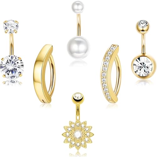 JOOTUEPO 6 Pcs Piercing Nombril Acier Chirurgical Piercing Nombril Anneau 14G CZ Pendentif Percing Au Nombril Or Ventre Piercings Nombril Pendant Nombril Barre...