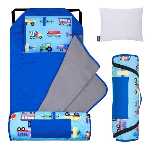Image of Wildkin Modern Kids Nap Mat with Pillow for Boys - Cotton Blend, Elastic Straps, Sleep Mat for Daycare, Preschool, Kindergarten & Travel, Ages 3-7, Machine Washable - Trains, Planes, and Trucks