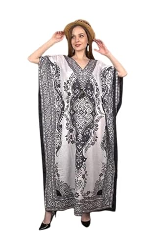 Art Of Creation Frauen Kaftan Kleid Tunika Lange Maxi Plus Größe Polyester Druck Kaftan Kleid Strand Party Casual Kimono Nachthemd, Schwarz und...