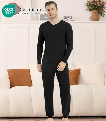 Image of NACHILA Mens Pajamas Set Long Sleeve Henley Sleepwear Top Soft Jogger Pants Pajamas Cool Pjs Set,Viscose Made from Bamboo