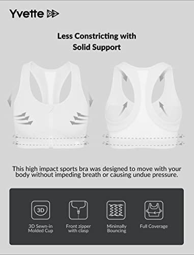 Yvette Zip Front Sports Bra - High Impact Sports Bras For Women Plus Size Workout Fitness Running,White #TOP6