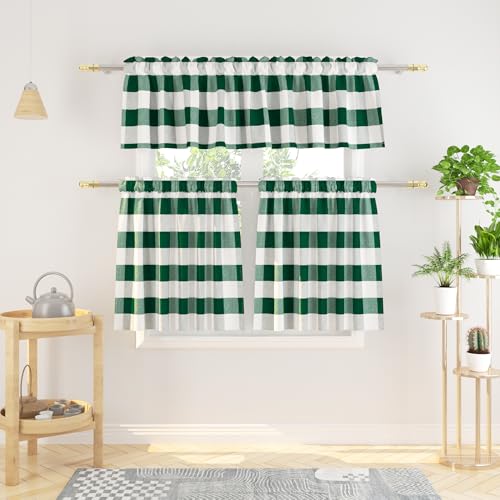 3 Pieces Tier Curtains and Valance Set Buffalo Check Kitchen Tiers Plaid Gingham Rod Pocket Classic Short Small Cafe Curtains Country Farmhouse Cafe Bathroom 54"x18"/27"x36" Dark Green & White