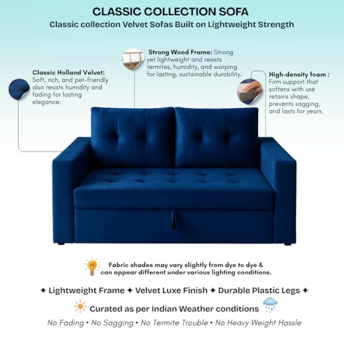 Image of Furny Treven 2 Seater Fabric Pull-Out Sofa Cum Bed (Blue) | Soft Velvet Fabric | Modern Design | Comfortable Seating | Living Room Furniture