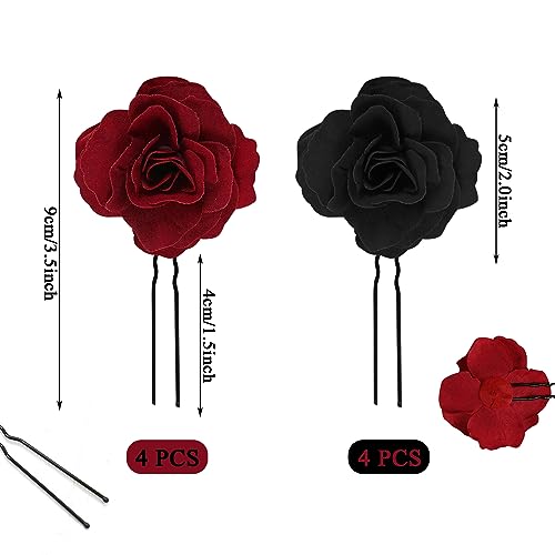 8 PCS Black Rose Flower Hair Clips U Shape Floral Bobby Pins,Vintage Rose Hair Accessories for Women Girls Party Beach Wedding - Image 2