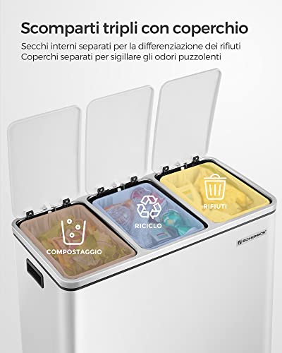 SONGMICS Cestino da Cucina, Pattumiera per Raccolta Differenziata 3 x 18L, 3 Scomparti per Riciclaggio, Coperchi a Chiusura Morbida, Pedali, Acciaio, Bianco Nuvola LTB54WT - Immagine 3