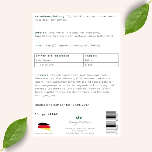 Kelp Kapseln 400mg – 346µg Jod aus Kelp – Hochdosiert & Laborgeprüft – Natürliche Braunalge – Vegan, in Deutschland produziert – 60 Kapseln von sunny nature®