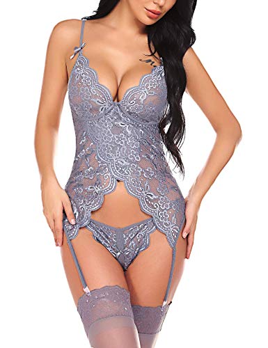 wearella Boudoir Outfits Women Lingerie Set Lace Teddy Babydoll Bodysuit Chemise Nightwear Gray XXL