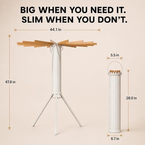 Image of Clothes Drying Rack Foldable, Portable Laundry Drying Rack for Clothes with 16 Wooden Rods & 48 Windproof Slots, Collapsible Tripod Dry Rack for Apartment, RV, Balcony