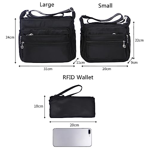 NOTAG Umhängetasche Damen, Wasserdicht Nylon Schultertasche Mehrfachtasche Handtasche mit RFID Geldbörse (S, Schwarz) – Bild 3