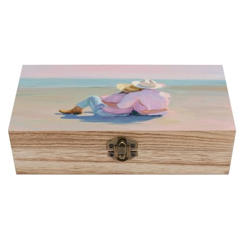 Jubonexis Cowboy Cowgirl on The Beach - Caja de almacenamiento de madera con tapa con bisagras y cierre frontal grande