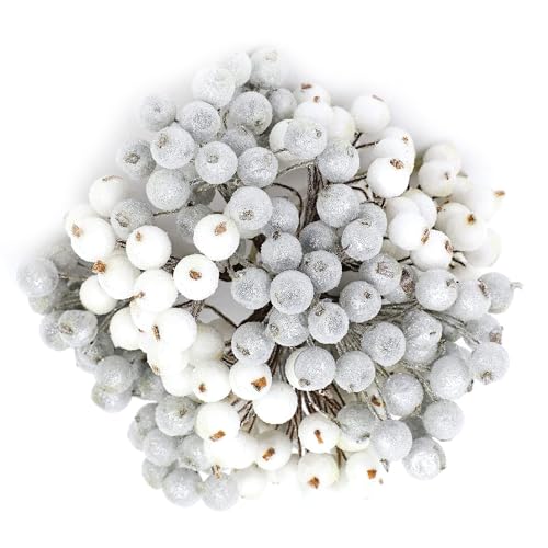 TATAFUN 240 Pieces Christmas Artificial Silver Berries Stems, Mini Frosted Berry Artificial Frosted Holly Berries for Christmas Tree Decoration Wreath Garland Making (White and Silver)