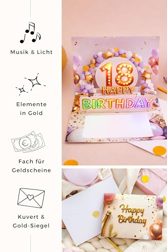 Joli Coon Geburtstagskarte 18 mit Musik und Licht - 3D Pop up Geburtstagskarte 18. Geburtstag Mädchen mit Leuchteffekt, Kuvert und Siegelsticker - 20 x 15 cm