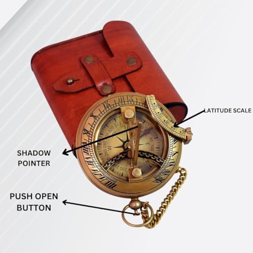 Brújula de bolsillo de latón con reloj de sol y estuche de cuero, herramienta náutica vintage para aventuras al aire libre y coleccionistas miniatura 7