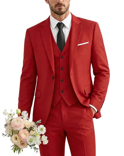 YND Men's 3 Piece Slim Fit Suit, One Button Solid Jacket Vest Pants Set with Tie, for Wedding Party Proms and Business, Red