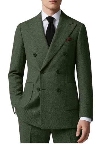 Image of Mens Tweed Herringbone Retro Men Suits Green 2pcs Slim Fit Prom Wedding Groom Party Tuxedo Set Jacket Blazer Vest Pants M