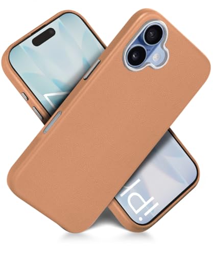 Image of WOW IMAGINE Back Cover for iPhone 17 | Shockproof Tough Leather Texture Hard Mobile Case | Ultra Slim Non-Slip Grip | Inner Velvet Fabric | Metal Camera Ring - Tan Brown