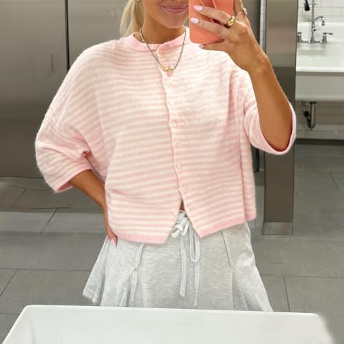 Image of Women Knitted Crop Cardigan Shirt Short Sleeve Button Down Ribbed Knit Crop Top Y2k Girls Outwear Top Tee Shirt