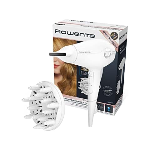 Rowenta Volumizer CV6130 Haartrockner, 2400 W, leistungsstark, Luftkonzentratordüse und Diffusor, 3 Geschwindigkeiten und 3 Temperaturen, 3D Volume Booster, Kaltluftknopf, Weiß/Silber Cover