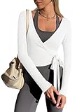 Yousify Womens Wrap Tie Tops Y2k Long Sleeve Ballet Pilates Yoga Workout Wrap Shirts Deep V Neck Casual Tops White
