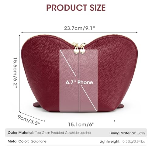 Kattee Leather Makeup Bag, Travel Large capacity Comestic Bag for Women, Heart Shaped Portable Organizer Toiletry Bag for Working,Wine Red3