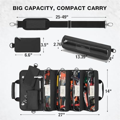 HISEA Roll Up Tool Bag, Heavy Duty Tool Storage Large-Capacity, 27\"*14\" Portable Tools Organizer with Utility Detachable Pouches, Water-Resistant Tool Roll Bag for Mechanic, Electrician, Gifts